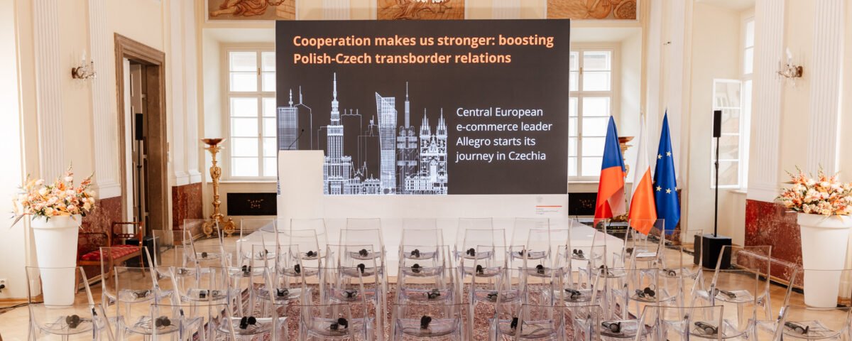 Conference hall prepared with Czech and European flags in Prague