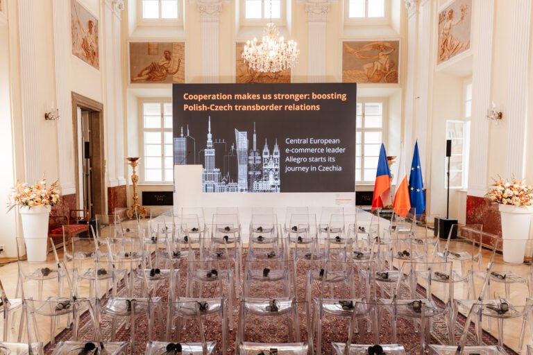 Conference hall prepared with Czech and European flags in Prague