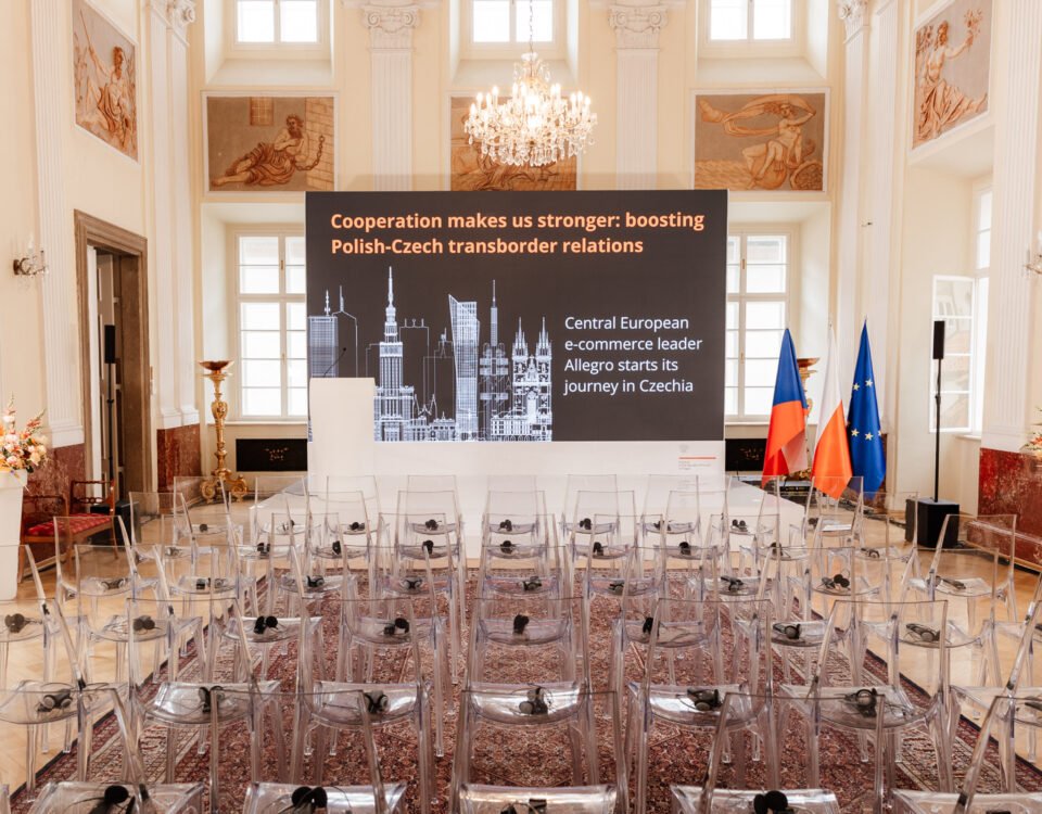 Conference hall prepared with Czech and European flags in Prague