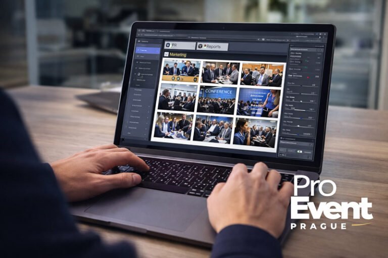 Reviewing event photographs on a laptop after a Prague shoot