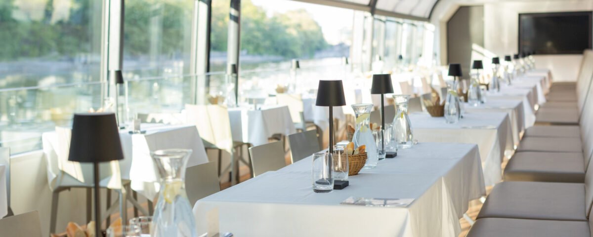 Dinner cruise boat set for a corporate event on the Vltava