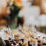Dessert and flower detail at a Prague gala dinner