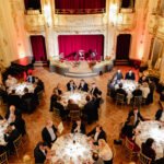 Gala dinner in a historic Prague hall seen from above