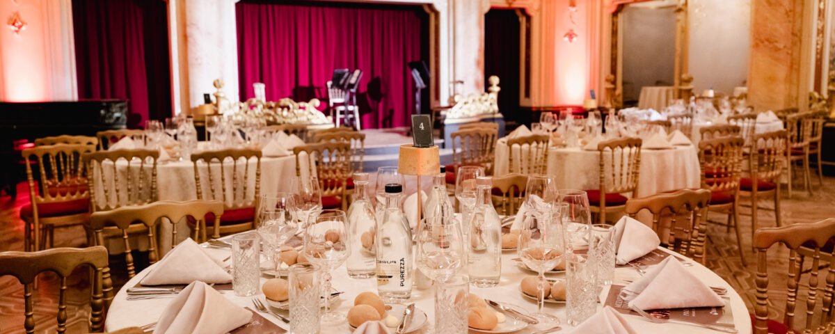 Gala dinner tables in an ornate Prague ballroom
