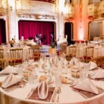 Gala dinner tables in an ornate Prague ballroom