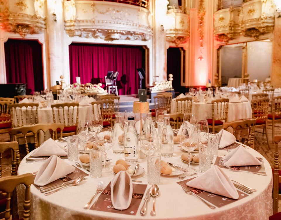 Gala dinner tables in an ornate Prague ballroom
