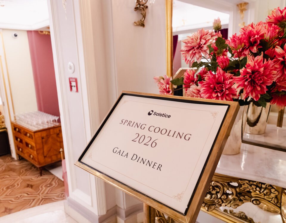 Gala dinner signage with floral decoration in Prague