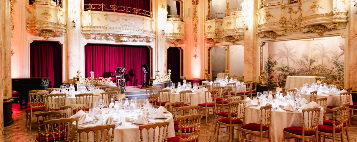 Banquet hall set for a gala dinner in Prague