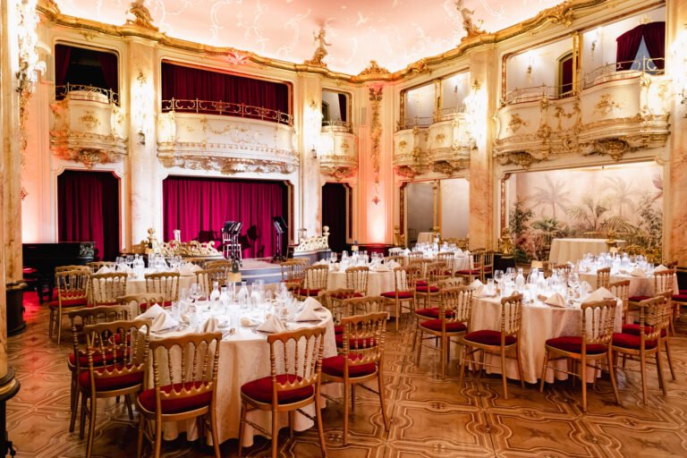 Banquet hall set for a gala dinner in Prague
