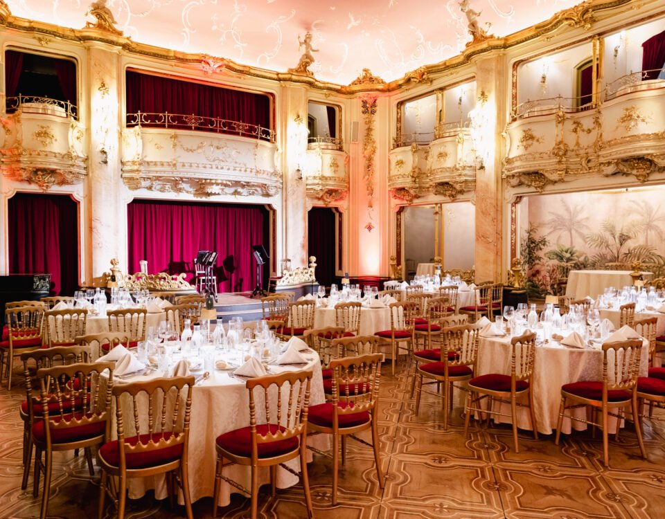 Banquet hall set for a gala dinner in Prague
