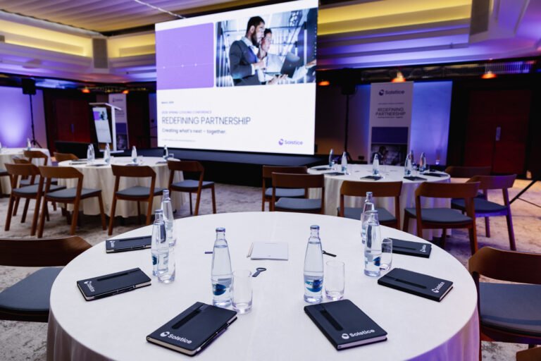 Corporate meeting room set for a partnership event in Prague
