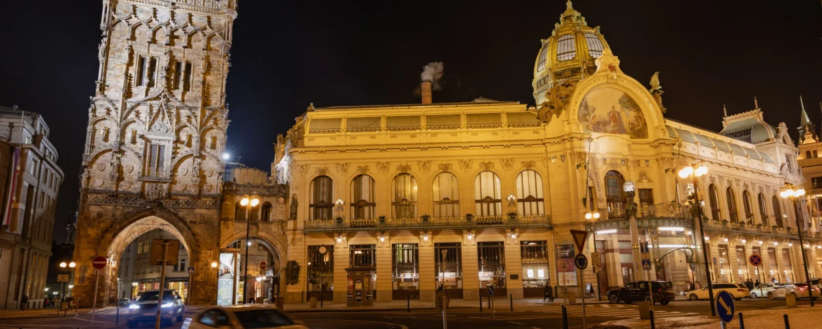 Municipal House (Obecní dům) and the Powder Tower in Prague at night