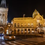 Municipal House (Obecní dům) and the Powder Tower in Prague at night