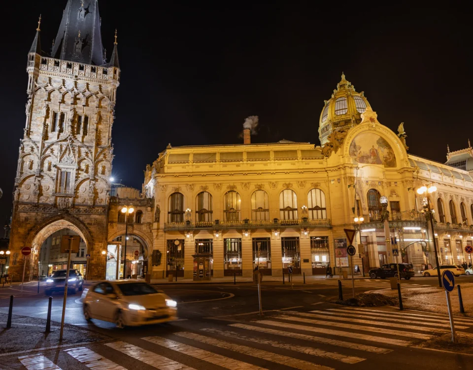 Municipal House (Obecní dům) and the Powder Tower in Prague at night