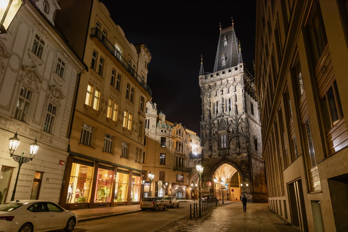 The Powder Tower seen from Celetná Street at night, Prague