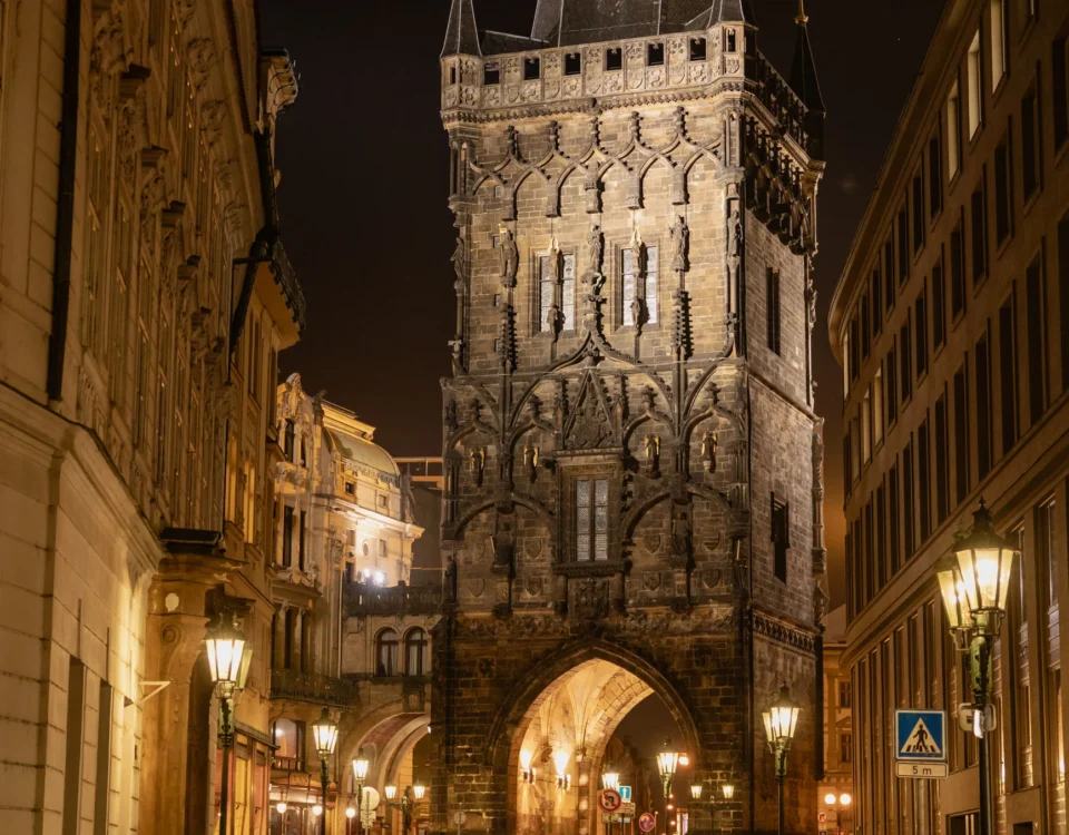 The Powder Tower in Prague at night