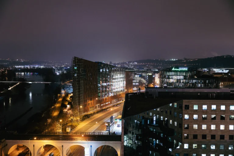 Night view over Prague from the rooftop of Hilton Prague Atrium