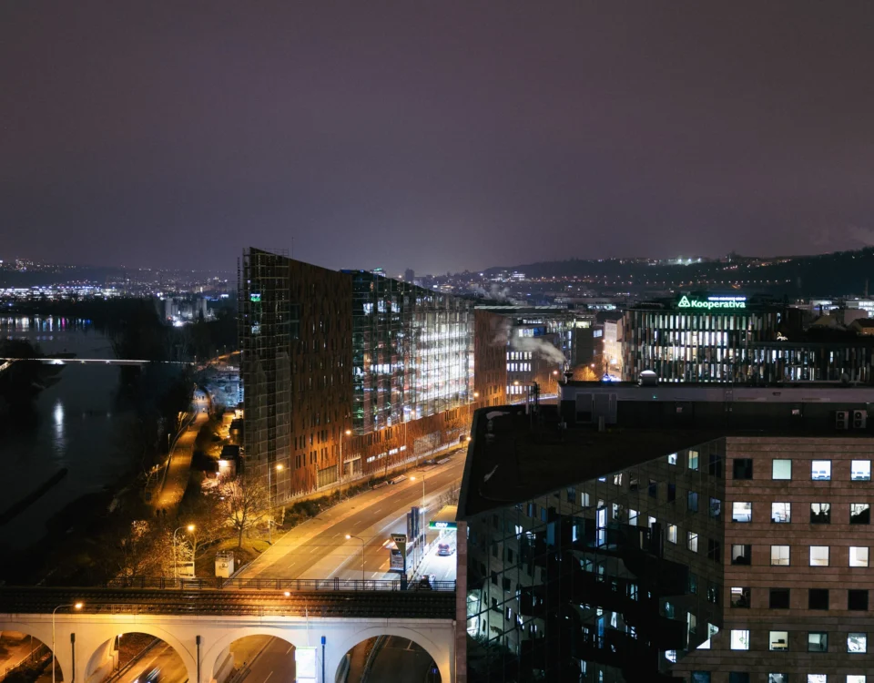 Night view over Prague from the rooftop of Hilton Prague Atrium
