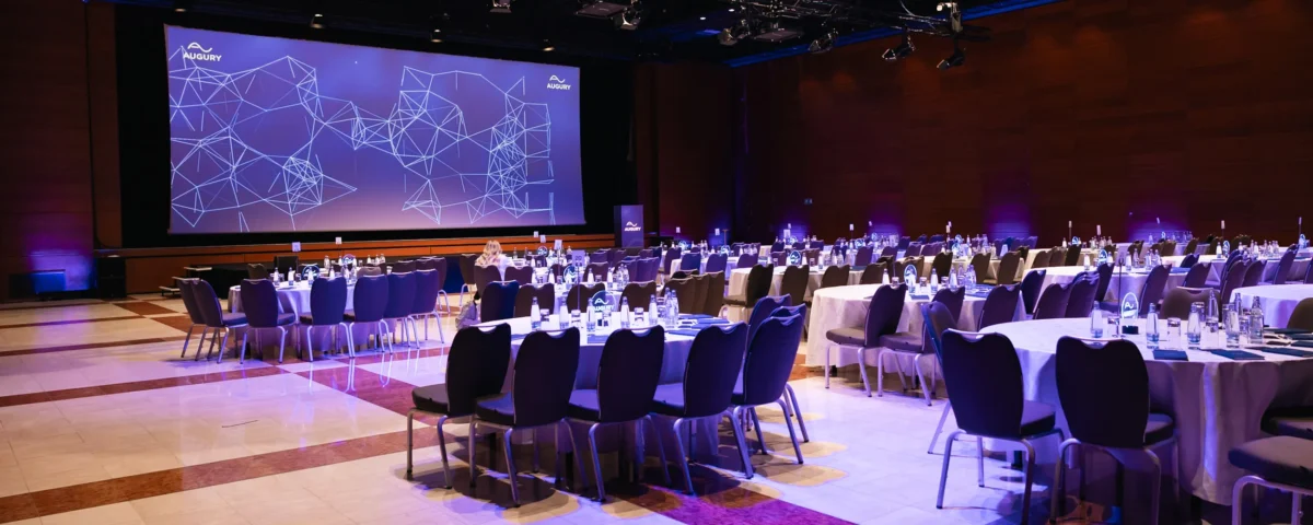 Main hall of Hilton Prague Atrium set for a company kick-off