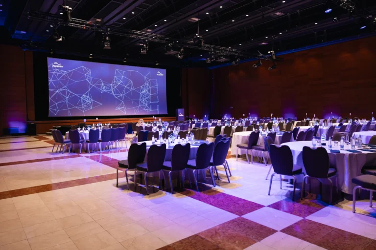 Main hall of Hilton Prague Atrium set for a company kick-off