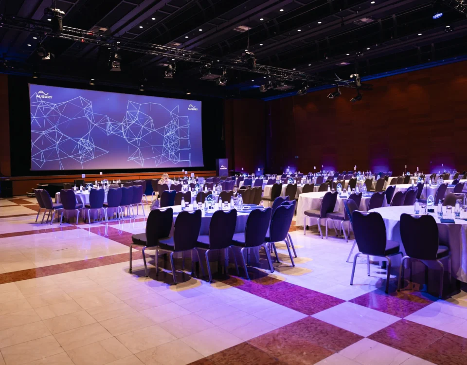 Main hall of Hilton Prague Atrium set for a company kick-off